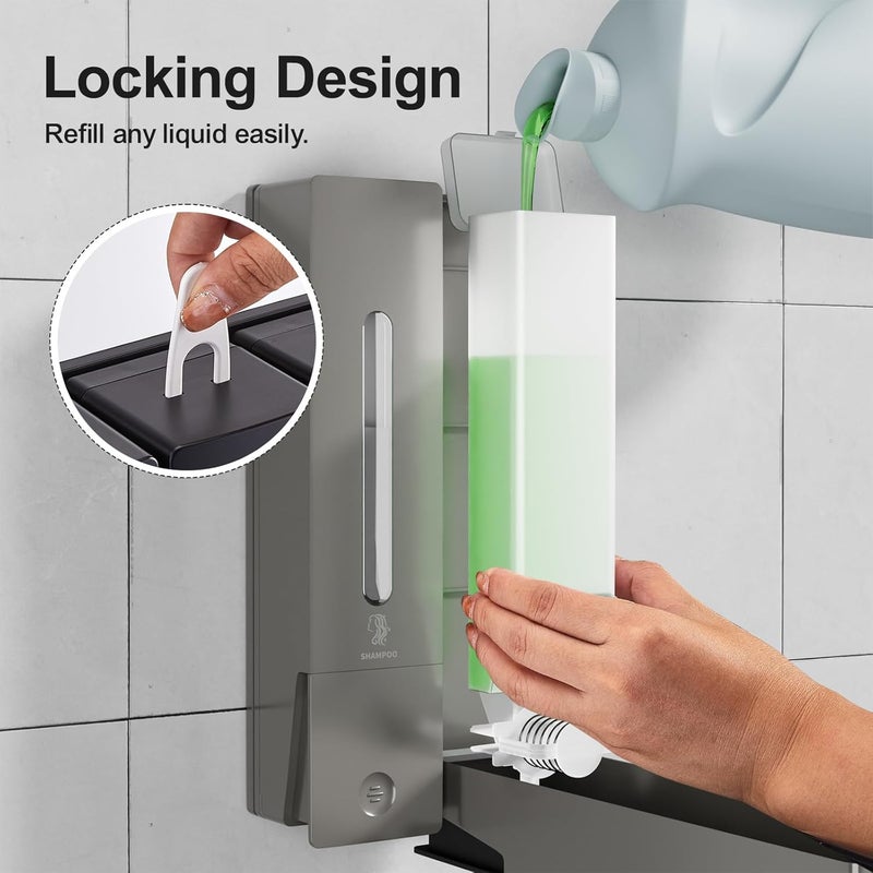 Aeakey Shampoo and Conditioner Dispenser 2-Chamber Wall-Mounted Shower Soap Dispenser, No-Drill Installation, 800ML Capacity, Ideal for Bathrooms and Hotels (Gun Grey) - Image 4